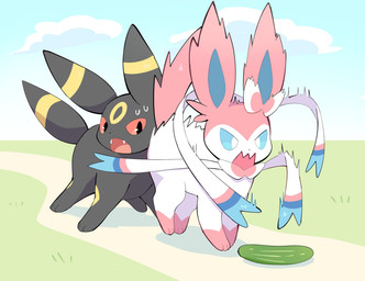 acting_like_a_cat ambiguous_gender angry bodily_fluids cloud cucumber day digitigrade duo fangs feral food fruit fur grass motion_lines open_mouth outside path paws plant quadruped sky sweat sweatdrop tail teeth tongue komanyachi nintendo pokemon eeveelution generation_2_pokemon generation_6_pokemon pokemon_(species) sylveon umbreon 2026 digital_media_(artwork) hi_res