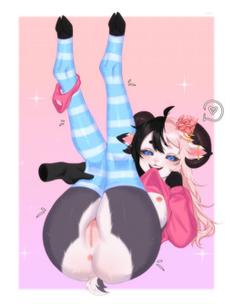 accessory anthro anus biped blue_eyes bottomless clothed clothing clothing_around_one_leg clothing_in_mouth clothing_lift duo ear_piercing female female_focus flower flower_in_hair fur genitals grey_body grey_fur hair hair_accessory half-closed_eyes heart_symbol hooved_toes hooves horizontal_pupils horn innie_vulva legs_up legwear long_hair looking_at_viewer lying narrowed_eyes nipple_piercing nipples on_back panties panties_around_one_leg panties_down partially_clothed piercing pink_nipples plant presenting presenting_anus presenting_vulva pupils short_tail simple_background small_tail smile smiling_at_viewer solo_focus stockings sweater sweater_lift tail topwear underwear underwear_around_one_leg underwear_down vulva white_body white_fur nefeli bovid caprine goat mammal 2025 colored digital_drawing_(artwork) digital_media_(artwork) hi_res shaded