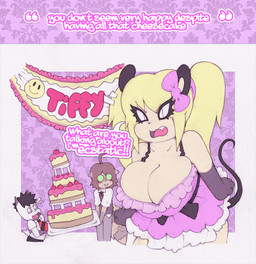 accessory angry anthro big_breasts bow_(feature) bow_accessory bow_ribbon breasts cake cleavage clothed clothed_female clothing dessert dialogue dress female food group hair_accessory hair_bow hair_ribbon huge_breasts interrobang loli oppai_loli pigtails pupils question question_mark quotation_marks ribbons simple_background slightly_chubby slit_pupils tail text trio young young_anthro smokyjai tumblr dennis_the_dog tiffy_cheesecake zachary_plebton mammal mouse murid murine rodent 2014 digital_media_(artwork) english_text flat_colors
