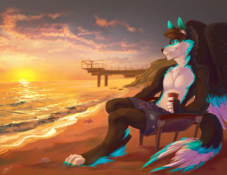 anthro australian_flag beach beverage biped brown_body brown_fur chair clothed clothing detailed_background fangs feathered_wings feathers fur furniture holding_object male outside pier seaside sitting smile solo star sunset teeth topless union_jack water white_body white_fur wings xenoguardian canid canine mammal