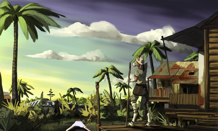 anthro boat bottomwear brown_body brown_fur building clothed clothing digitigrade fur hat headgear headwear hut male morning palm_tree plant shirt shorts solo swamp topwear tree vehicle water watercraft aquila_chrysaetos equid equine horse mammal 5:3 digital_media_(artwork)