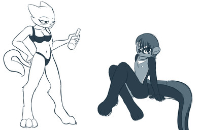 ambiguous_gender anthro drunk duo female nude substance_intoxication tail unknown_artist microsoft prequel_adventure the_elder_scrolls katia_managan mikhaila_kirov felid khajiit mammal mustelid otter monochrome sketch female_(lore)