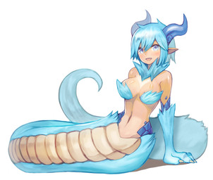 apode blue_eyes blue_hair blush breasts claws featureless_breasts female fur hair horn humanoid_pointy_ears legless lying navel non-mammal_breasts nude pointy_ears serpentine simple_background smile solo split_form white_background sookmo draconcopode furred_scalie furred_snake humanoid lamia reptile scalie snake 2017 hi_res