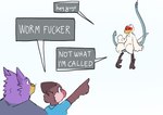 anthro beak blue_clothing blue_shirt blue_topwear clothed clothing dialogue digitigrade feather_hands feathers fish_hook gesture grey_clothing grey_shirt grey_topwear group hand_gesture hook male micro nude pointing pointing_at_another profanity purple_body purple_feathers red_beak shirt simple_background speech_bubble tail tail_feathers text topwear trio white_background white_body white_feathers white_text yellow_beak martindosent not_what_im_called martin_(martindosent) accipitriform avian bird secretary_bird 2025 clip_studio_paint_(artwork) digital_drawing_(artwork) digital_media_(artwork) english_text flat_colors handwritten_text hi_res