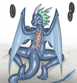 3_toes ambiguous_gender ankle_spikes anthro back_wings biped black_eyes black_mouth blue_body blue_tongue bodily_fluids cum dialogue ejaculation feet genital_fluids glistening glistening_body glistening_head glistening_legs glistening_tail green_hair hair hollow_body horn kneeling latex_body lock membrane_(anatomy) membranous_wings motion_lines nude padlock rear_view seam_(sewing) sitting snout solo speech_bubble spread_legs spreading tentacle_suit toes tongue unusual_anatomy wings zipper vayu mythology animate_inanimate dragon human living_clothing mammal mythological_creature mythological_scalie scalie 2025 colored hi_res signature