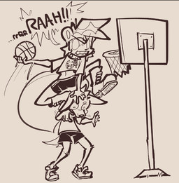 angry anthro ball balling basket basketball_(ball) big_tail bodily_fluids bottomwear chain clothing collar container crying duo hair holding_ball holding_basket holding_container holding_object motion_lines navel spiked_collar spikes tail tears topwear dogguyd nioi_(dogguyd) canid canine mammal mephitid skunk digital_drawing_(artwork) digital_media_(artwork)