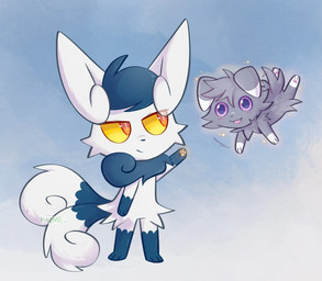 2_tails abstract_background ambiguous_gender biped blue_body blue_eyes blue_fur duo female feral floating front_view fur grey_body grey_fur happy leg_markings levitating levitation looking_at_another markings multi_tail neck_tuft open_mouth pawpads pink_eyes psychic_powers raised_arm red_eyes socks_(marking) tail tuft white_body white_fur yellow_eyes yellow_pawpads yellow_sclera kyumeart nintendo pokemon espurr felid feline generation_6_pokemon mammal meowstic meowstic_(female) pokemon_(species) hi_res