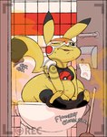 anthro bathroom belly big_butt black_border bodily_fluids border bottomwear bottomwear_down butt camera clogged_toilet clothed clothing cosplay_pikachu_(costume) fart fart_cloud feces_in_toilet female flushing_toilet implied_scat on_toilet one_eye_closed overweight pants pants_down partially_clothed public_restroom restroom_stall short_stack sitting sitting_on_toilet smelly solo straining sweat toilet toilet_bowl toilet_paper toilet_seat voyeur voyeur_pov wink imaslowperson nintendo pokemon pikachu_libre generation_1_pokemon pikachu pokemon_(species)