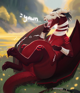 belly big_belly black_hair bone bone_mask claws eyes_closed fangs feral feral_pred grass hair long_tongue male male_pred mask membrane_(anatomy) membranous_wings on_grass on_ground open_mouth outside paws pink_tongue plant red_body skull skull_mask snout solo tail teeth tongue tongue_out vore wings yawn orca24a mythology dragon mythological_creature mythological_scalie scalie colored digital_drawing_(artwork) digital_media_(artwork) hi_res shaded