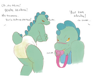 ageplay blush bodily_fluids clothed clothing diaper genital_fluids infantilism leaking_diaper looking_back object_in_mouth offscreen_character pacifier pacifier_clip pacifier_in_mouth roleplay simple_background solo text unclean_diaper urine used_diaper wearing_diaper wet_diaper wetting white_background hardscales dinosaur prehistoric_species reptile scalie english_text hi_res