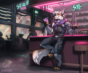 anthro bar beckoning beverage biped bodysuit claws clothing digitigrade fluffy fluffy_tail gesture looking_at_viewer male pirol skinsuit smile solo standing tail tight_clothing alibi-cami pirolnogolongo canid canine mammal 2025 artist_collaboration