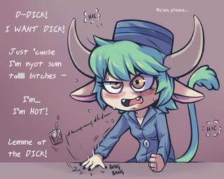 alcohol beverage blush bodily_fluids brown_background clothed clothing container cup cute_fangs dialogue drinking_glass drunk fangs female glass glass_container glass_cup gradient_background hat headgear headwear motion_lines noseless open_mouth shortstack shortstack_female shot_glass simple_background solo sound_effects substance_intoxication sweat teeth text plagueofgripes disney star_vs._the_forces_of_evil ransomgram_monster_(svtfoe) animal_humanoid bovid bovid_humanoid bovine bovine_humanoid humanoid mammal mammal_humanoid 2019 5:4 english_text hi_res