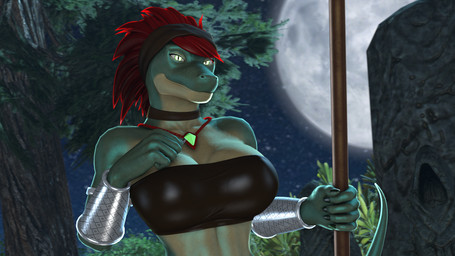 5_fingers anthro armor big_breasts bra breasts brown_bra brown_choker brown_clothing brown_jewelry brown_kerchief brown_necklace brown_underwear choker claws cleavage clothed clothed_anthro clothed_female clothing female fingers gauntlets gloves green_body green_eyes green_scales hair handwear holding_melee_weapon holding_object holding_polearm holding_spear holding_weapon jewelry kerchief long_hair looking_at_viewer melee_weapon moon necklace night outside plant polearm red_hair ruins scales sculpture shrub smile smiling_at_viewer solo spear statue tree tribal underwear weapon thevestige petruz_(modeler) jayda_(thevestige) lizard_(petruz) lizard reptile scalie 16:9 3d_(artwork) digital_media_(artwork) hi_res source_filmmaker_(artwork) widescreen