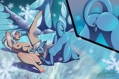anus autopenetration blue_body bodily_fluids breasts butt duo eyes_closed feet female female/female fingering genital_fluids genitals hair hooves horn ice licking lying masturbation nipples nude on_back open_mouth penetration sex snow tail tail_fetish tail_in_own_pussy tail_in_vagina tail_insertion tail_masturbation tail_play toes tongue tongue_out vaginal vaginal_fluids vaginal_masturbation vaginal_penetration vulva white_hair azaleesh blizzard_entertainment warcraft draenei human humanoid mammal 3:2 cel_shading shaded