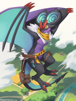 3_fingers accessory adventurer ambiguous_gender anthro badge bag belt belt_buckle big_ears black_body blue_body buckle claws clothing cloud digitigrade fingers flying furgonomics gem grass group jewelry male membrane_(anatomy) membranous_wings midair multicolored_body neck_tuft necklace outside plant pouch_(clothing) purple_body red_claws satchel scarf smile solo_focus spiral tail tail_accessory tail_bag thigh_pouch topwear tuft vest wings yellow_eyes munrudoodles nintendo pokemon pokemon_mystery_dungeon spike_chunsoft bat generation_4_pokemon generation_5_pokemon generation_6_pokemon mammal noivern pokemon_(species) scalie staraptor zoroark 2026 3:4 colored digital_drawing_(artwork) digital_media_(artwork) hi_res
