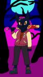 anthro blood bodily_fluids clothing cosplay jacket simple_background solo synthwave topwear hotline_miami night_in_the_woods jacket_(hotline_miami) mae_borowski domestic_cat felid feline felis mammal crossover hi_res