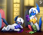 claws clothing duo female feral fluffy footwear fur horn jewelry male necklace orange_eyes red_eyes scarf socks white_body white_fur shiny-cobra nintendo pokemon styx_(nyxcha) tracker_(chargedcommando) absol generation_3_pokemon pokemon_(species) hi_res