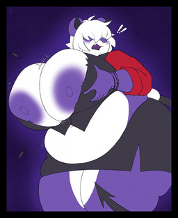 anthro areola belly big_breasts black_border blush border bottomwear breasts button_(fastener) button_pop clothing exclamation_point fake_horns fake_tail female fur hair hair_over_eyes hand_on_breast huge_breasts motion_lines nipples open_mouth overweight overweight_anthro overweight_female purple_areola purple_blush purple_body purple_fur purple_nipples side_slit_skirt simple_background skirt solo squish thigh_squish wardrobe_malfunction white_body white_fur white_hair heavenkahell bear giant_panda mammal 2025 hi_res