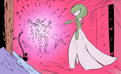 ambiguous_gender chest_spike clothing disintegration dress duo green_body green_hair hair pseudo_clothing red_eyes spikes spikes_(anatomy) white_body vitissweets nintendo pokemon watchmen gardevoir generation_3_pokemon human humanoid mammal pokemon_(species) 2025 hi_res lol_comments meme