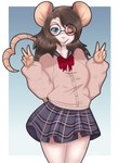 alternative_fashion blue_eyes bottomwear bow_tie brown_hair cardigan clothing eyewear gesture glasses gyaru hair hand_gesture j-fashion kogal long_hair long_tail mouse_tail pleated_skirt red_bow_tie round_ears school_uniform skirt smile solo tail tail_gesture tail_heart uniform v_sign chainilla mammal mouse murid murine rat rodent absurd_res hi_res