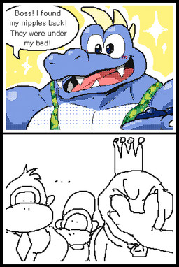 anthro black_border blue_body blue_scales blush border clothing detachable dialogue ellipsis facepalm group happy holding_nipples male muscular muscular_anthro muscular_male nipples open_mouth open_smile scales shirt smile snaggle_teeth sparkles tank_top text topwear what keke_(artist) donkey_kong_(series) nintendo diddy_kong donkey_kong_(character) king_k._rool krusha ape chimpanzee crocodilian gorilla haplorhine kremling mammal pan_(genus) primate reptile scalie 2025 comic english_text