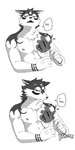 anthro clothed clothing duo fur male multicolored_body multicolored_fur nipples pecs scar text topless chuurow lifewonders tokyo_afterschool_summoners masanori_(tas) canid canine canis domestic_dog human mammal absurd_res english_text hi_res monochrome