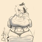 anthro big_breasts blush bottomwear bottomwear_down breasts chest_tuft clothed clothing embarrassed eyelashes female fingers floppy_ears front_view fur hair hair_over_eye hoodie huge_breasts looking_down open_mouth oversized_bottomwear oversized_clothing oversized_pants panties pants pants_down partially_clothed print_clothing print_hoodie print_topwear sagging_pants simple_background solo standing tan_background thick_thighs tongue topwear tuft underwear wardrobe_malfunction drajarfur pepper_(puppkittyfan1) canid canine canis domestic_dog mammal 1:1 2024 digital_media_(artwork) hi_res restricted_palette shaded signature sketch