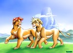 ambiguous_gender blonde_mane blue_eyes blue_sky cloud detailed_background duo feral fur grass mane mountain open_mouth orange_body orange_fur paws plant red_mane sky sunny tail walking whiskers noki001 disney final_fantasy final_fantasy_vii square_enix the_lion_king cloud_strife simba_(the_lion_king) felid lion mammal pantherine hi_res