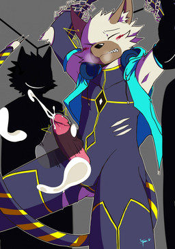 anthro blush bodily_fluids bound brown_body brown_fur chain chained clothing cum disembodied_hand electronics erection eyes_closed full_body_suit fur genital_fluids genitals grey_background group handjob headphones humanoid_genitalia humanoid_penis male orgasm orgasm_face penile penis precum sex silhouette simple_background solo_focus torn_clothing storm_devil canid canine canis mammal wolf hi_res
