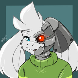 anthro big_ears blue_eyes clothing cybernetics glowing glowing_eyes green_clothing green_sweater green_topwear looking_at_viewer machine male pattern_clothing pattern_sweater pattern_topwear robot_eyes smile smiling_at_viewer solo striped_clothing striped_sweater striped_topwear stripes sweater topwear chalo undertale undertale_(series) asriel_dreemurr boss_monster_(undertale) bovid caprine cyborg mammal 1:1