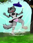 accessory anthro black_hair blush blush_lines bulge clothed clothing femboy fur garter grass green_eyes grey_body grey_fur hair hat headgear headwear leaf leggings legwear lingerie magic maid_uniform male panties pink_clothing pink_underwear plant solo tree underwear uniform wand wizard_hat awolfwithglasses felid feline mammal