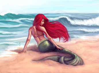 arm_support beach blue_sky bra bra_strap clothed clothed_female clothing curled_tail eyebrows female fin fingers fish_tail flukes green_tail hair hand_on_tail human_torso legless long_hair lying mermaid_tail on_side outside purple_bra purple_clothing purple_underwear rear_view red_hair resting sand sea seaside shoulder_blades sky solo split_form sunbathing tail tail_fin underwear water wave wind daniela_uhlig disney disney_princess the_little_mermaid_(1989) ariel_(disney) aquatic humanoid_merfolk merfolk 2007 full-length_portrait portrait