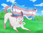 3_toes ambiguous_gender blue_body blue_eyes blue_scales bow_(anatomy) cloud day detailed_background feet feral flag flag_(object) fur grass happy holding_flag holding_object lgbt_pride open_mouth open_smile outside pink_body plant pride_color_flag pride_colors pupils raised_tail ribbons_(anatomy) scales sky smile solo tail toes transgender_pride_colors tree tuft white_body white_pupils haika nintendo pokemon eeveelution generation_6_pokemon pokemon_(species) sylveon 2023 absurd_res hi_res