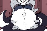 anthro belly belly_focus big_belly black_body black_fur bottomwear bra breasts clothing collar cracked_wall female fingerless_gloves fur gloves grey_body grey_fur grey_hair hair hands_on_belly handwear navel outie_navel pregnant pregnant_anthro pregnant_female shorts smile solo spiked_collar spikes torn_clothing underwear white_body white_fur undyingwolf helluva_boss mythology loona_(helluva_boss) canid canid_demon canine demon hellhound mammal mythological_canine mythological_creature 2023 signature