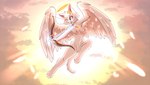 accessory anthro bow_(weapon) breasts feathered_wings feathers felid female flower flower_in_hair flying fur genitals hair hair_accessory hi_res holy_ring mammal nipples plant pussy ranged_weapon sky skyscape solo tail weapon white_body white_feathers white_fur wings zhorrito