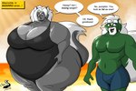 alternate_universe anthro beard belly big_belly big_breasts big_tail black_clothing black_one-piece_swimsuit black_swimwear blue_clothing blue_eyes blue_swimming_trunks blue_swimwear breasts bulge cleavage clothed clothing dialogue duo eyebrows facial_hair female fur green_body green_eyes green_fur grey_body grey_fur hair heart_(marking) huge_belly huge_breasts huge_thighs husband_and_wife light long_hair male male/female markings married_couple muscular muscular_anthro muscular_male navel obese obese_anthro obese_female one-piece_swimsuit open_mouth open_smile outside overweight overweight_anthro overweight_female sky smile speech_bubble sunlight swimming_trunks swimwear tail text thick_arms thick_eyebrows thick_thighs topless topless_male two_tone_tail walking white_beard white_eyebrows white_facial_hair white_hair white_markings wide_hips worried chrisandcompany chris_t._snuggleskunk kelsey_sienna mammal mephitid skunk digital_drawing_(artwork) digital_media_(artwork) english_text hi_res watermark