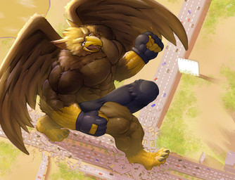 5_fingers abs anthro balls beak biceps biped boxer_briefs brown_body bulge claws clothed clothing destruction detailed_background detailed_bulge erection erection_under_clothing feathered_wings feathers feet finger_claws fingerless_gloves fingers genital_outline genitals gloves handwear humanoid_genitalia macro macro_anthro macro_male male muscular muscular_anthro muscular_male open_mouth outside paws pecs penile penis rampage road smile solo tail toe_claws toes topless underwear vehicle vehicle_destruction wings lerchief2007 mythology carpo avian gryphon mythological_avian mythological_creature