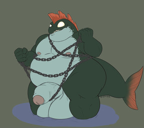anthro balls belly big_balls big_penis big_tail bound chain chained empty_eyes fish_tail flaccid foreskin genitals grey_background huge_balls hyper hyper_balls hyper_genitalia male musclegut muscular muscular_anthro muscular_male overweight overweight_anthro overweight_male partially_retracted_foreskin partially_submerged penis sharp_teeth simple_background solo tail teeth text thick_penis thick_thighs water wide_hips evergreenplate nintendo splatoon aquatic cohozuna fish king_salmonid salmonid_(fish) salmonid_(splatoon) absurd_res artist_name colored digital_drawing_(artwork) digital_media_(artwork) hi_res