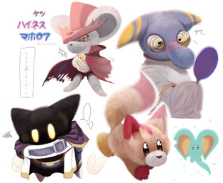 ambiguous_gender anthro bell bell_collar big_ears biped bipedal_feral black_hair blue_body blue_eyes blue_fur blush blush_stickers bodily_fluids cloak closed_smile clothed clothing collar dipstick_tail ears_down emanata embarrassed feral floating_feet floating_hands fluffy fluffy_tail flying_sweatdrops frustration_cloud fur fuzzy glowing glowing_eyes grey_body grey_fur group hair hand_mirror looking_at_reflection male markings mirror mouth_closed mouthless multicolored_body multicolored_fur notched_ear orange_body orange_eyes orange_fur pivoted_ears pupils red_body red_cloak red_clothing red_fur semi-anthro simple_background slit_pupils smile snout sparkles speech_bubble sweat sweatdrop tail tail_markings teal_body teal_fur text two_tone_body two_tone_fur wearing_hat white_background yellow_body yellow_eyes yellow_fur yellow_sclera zakobennki kirby's_return_to_dream_land kirby_(series) kirby_and_the_forgotten_land kirby_squeak_squad kirby_star_allies nintendo daroach elfilin hyness_(kirby) magolor alien awoofy canid canine chinchillid mammal mouse murid murine rodent starling_(kirby) waddling_head 2026 digital_drawing_(artwork) digital_media_(artwork) hi_res japanese_text multiple_images translation_request male_(lore)