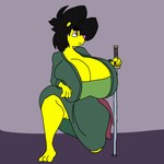 3_toes 4_fingers anthro big_breasts black_hair breasts clothing cosplay costume feet female fingers hair huge_breasts hyper hyper_breasts melee_weapon pose solo sword toes weapon yellow_body kuge piku_(kuge) caviid guinea_pig mammal rodent hi_res
