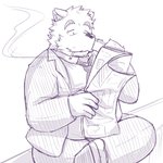 anthro bottomwear clothing kemono male newspaper overweight overweight_anthro overweight_male pants reading shirt sitting smoking solo topwear emufu canid canine canis domestic_dog mammal 1:1 2014