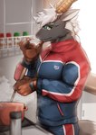 anthro clothing cooking eyewear glasses gloves green_eyes hair handwear horn jacket kitchen looking_at_viewer male muscular muscular_anthro muscular_male solo standing topwear white_hair asleepchef lifewonders tokyo_afterschool_summoners tanngrisnir_(tas) bovid caprine goat mammal 2022 absurd_res digital_drawing_(artwork) digital_media_(artwork) hi_res portrait three-quarter_portrait