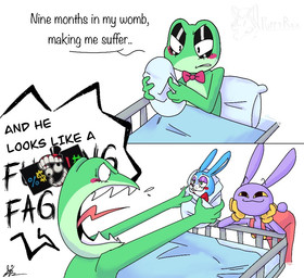 2_panel_comic :3 age_difference angry anthro bed biped black_eyelids blue_body blue_fur blush blush_stickers bow_tie buckteeth caine_censorship censor_bar closed_smile dialogue female fur furniture green_body green_eyes group homophobic_slur machine male male/female mouth_closed neonate profanity purple_body purple_eyelids purple_fur scut_tail short_tail simple_background size_difference smile speech_bubble tail talking_to_another talking_to_partner teeth text trio under_covers white_background yelling yellow_eyes young puppyrex five_nights_at_freddy's five_nights_at_freddy's_2 glitch_productions nine_months_in_my_womb_making_me_suffer scottgames the_amazing_digital_circus jax_(tadc) ribbit_(tadc) toy_bonnie_(fnaf) amphibian animatronic frog lagomorph leporid mammal rabbit robot 2025 comic crossover english_description english_text meme signature father_(lore) father_and_child_(lore) father_and_son_(lore) mother_(lore) mother_and_child_(lore) mother_and_son_(lore) parent_(lore) parent_and_child_(lore) parent_and_son_(lore) son_(lore)