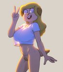 5_fingers anthro big_breasts blonde_hair blue_eyes bottomless breasts buckteeth clothed clothing female fingers gesture hair hand_gesture horn huge_breasts long_hair navel open_mouth open_smile pubes shirt simple_background smile solo standing t-shirt teeth topwear v_sign drockdraw cartoon_network the_amazing_world_of_gumball chi_chi's_mom bovid caprine goat mammal 2021