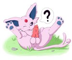 animal_genitalia animal_penis anus balls blep blush blush_lines bodily_fluids canine_genitalia canine_penis feet feral genital_fluids genitals lying male on_back pawpads paws penis precum purple_eyes soles solo speech_bubble spread_legs spreading tail teeth toes tongue tongue_out gooeythings nintendo pokemon eeveelution espeon generation_2_pokemon pokemon_(species) 6:5 absurd_res hi_res