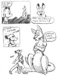 anthro bottomless clothed clothing dialogue dipstick_ears dipstick_tail duo ear_markings male markings multicolored_ears multicolored_tail nude open_mouth size_difference tail tail_markings text topwear vest yelling flinters duncan_roo flinters_(character) kangaroo macropod mammal marsupial comic english_text monochrome