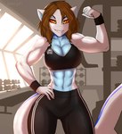 abs anthro breasts brown_hair clothed clothing detailed_background female flexing front_view gym hair looking_at_viewer muscular muscular_female navel non-mammal_breasts sharp_teeth solo standing teeth xaenyth melodey fish marine shark 2021 digital_media_(artwork) hi_res