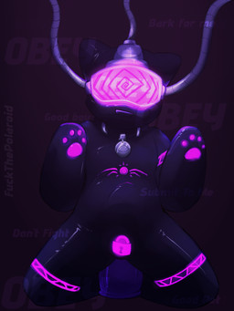 abdominal_bulge anal anal_penetration anthro bent_legs black_body black_latex bulge clothing collar dildo dildo_in_ass dildo_insertion drone dronesuit hypnotic_visor latex latex_clothing latex_skinsuit lock_symbol male mind_control object_in_ass pawpads penetration purple_dildo purple_pawpads purple_tattoo sex_toy sex_toy_in_ass sex_toy_insertion simple_background skinsuit solo tattoo text tight_clothing yasterwolly 3:4 english_text hi_res