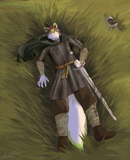 anthro arm_wraps armor blood blood_on_clothing blood_on_face blood_on_object blood_on_weapon blood_stain bodily_fluids chainmail cloak clothing grass green_eyes green_nose headgear helmet holding_object holding_weapon leg_wraps lying male melee_weapon on_back plant solo sword thousand_yard_stare weapon wraps keinooc james_(mistah_novikov) canid canine canis coyote mammal absurd_res hi_res
