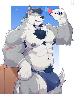5_fingers abs against_fence against_surface anthro areola arm_scar armpit_hair barazoku biceps big_muscles blue_armpit_hair blue_facial_hair blue_hair blue_pubes blue_sky body_hair border bulge chest_hair chin_scar claws deltoids facial_hair fence finger_claws fingers food forearm_muscles fur goatee grey_areola grey_body grey_fur grey_nipples grin hair holding_food holding_object holding_popsicle inner_ear_fluff leaning_against_object looking_at_viewer male muscular muscular_anthro muscular_male navel nipples obliques pecs popsicle pubes scar sharp_teeth sky smile solo tail teeth tuft vein veiny_muscles white_body white_border white_fur white_inner_ear_fluff yellow_eyes seikoarts dachrom canid canine canis mammal wolf 2025 4:5 hi_res